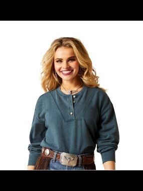 Ariat Teal Henley Waffle-Knit Sweatshirt Med P2P 24 1461